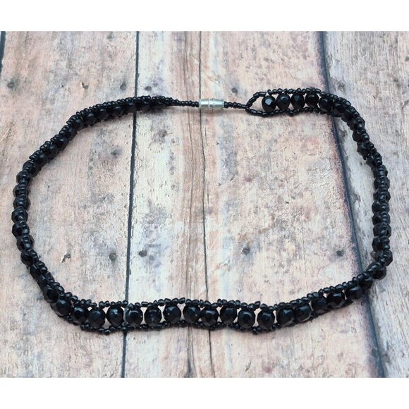 Black Glass Crystal Jewelry Set Choker Necklace Wide Bracelet Goth Witchy Formal - Picture 9 of 10